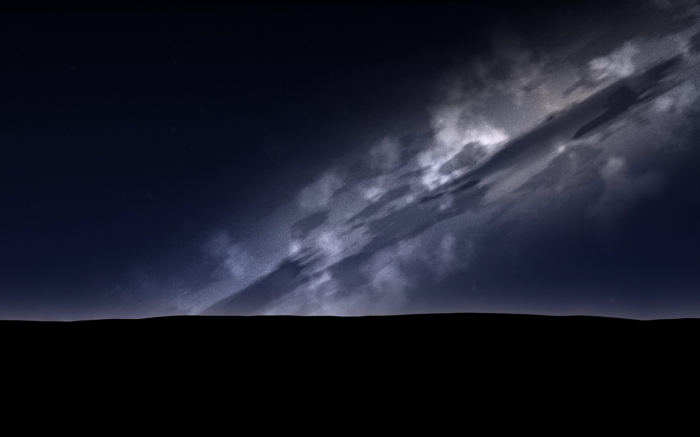 Galactic Core Horizon: the bright core of the Milky Way arches over a black horizon, a wide band of stars and glowing dust split by dark lanes, Mac wallpaper