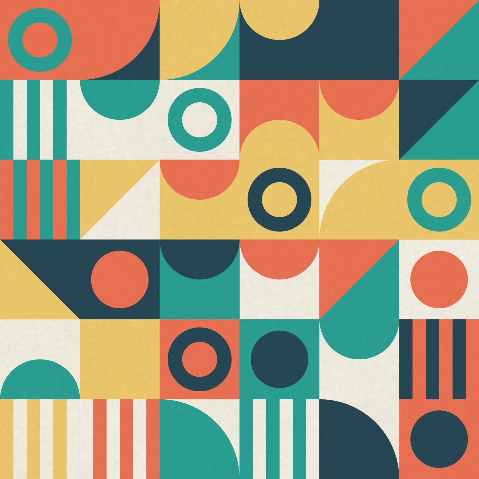 Geometric Tile Quilt: a dense grid of quarter circles, discs, triangles and stripes in coral, teal, mustard and navy forms a geometric quilt, iPad wallpaper
