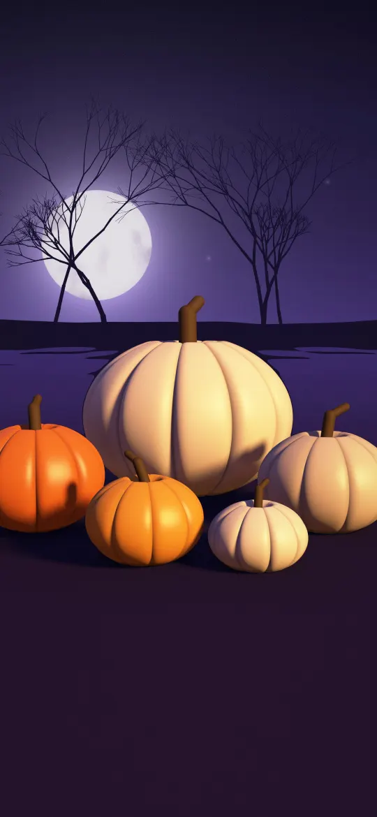 Ghost White Pumpkins: pale white pumpkins mixed with bright orange ones rest on violet misty ground, lit warmly from the side beneath a silver moon and bare trees, iPhone wallpaper
