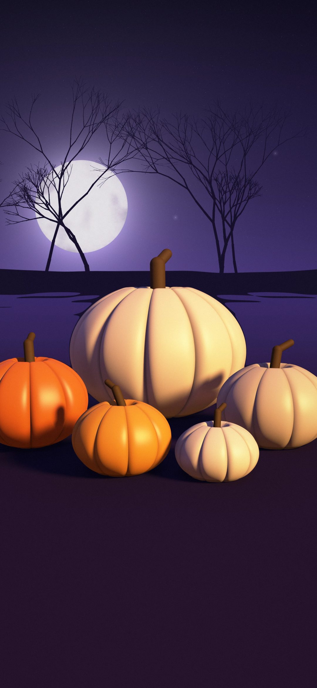 Ghost White Pumpkins: pale white pumpkins mixed with bright orange ones rest on violet misty ground, lit warmly from the side beneath a silver moon and bare trees, iPhone wallpaper