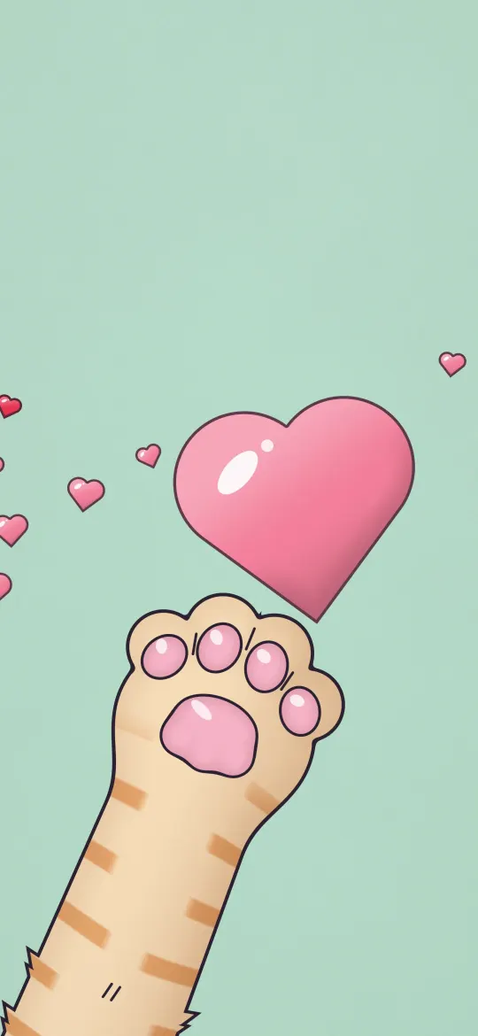 Ginger Paw Mint Heart: a striped ginger tabby paw reaches up for a glossy pink heart, with small hearts drifting around it on fresh mint, iPhone wallpaper