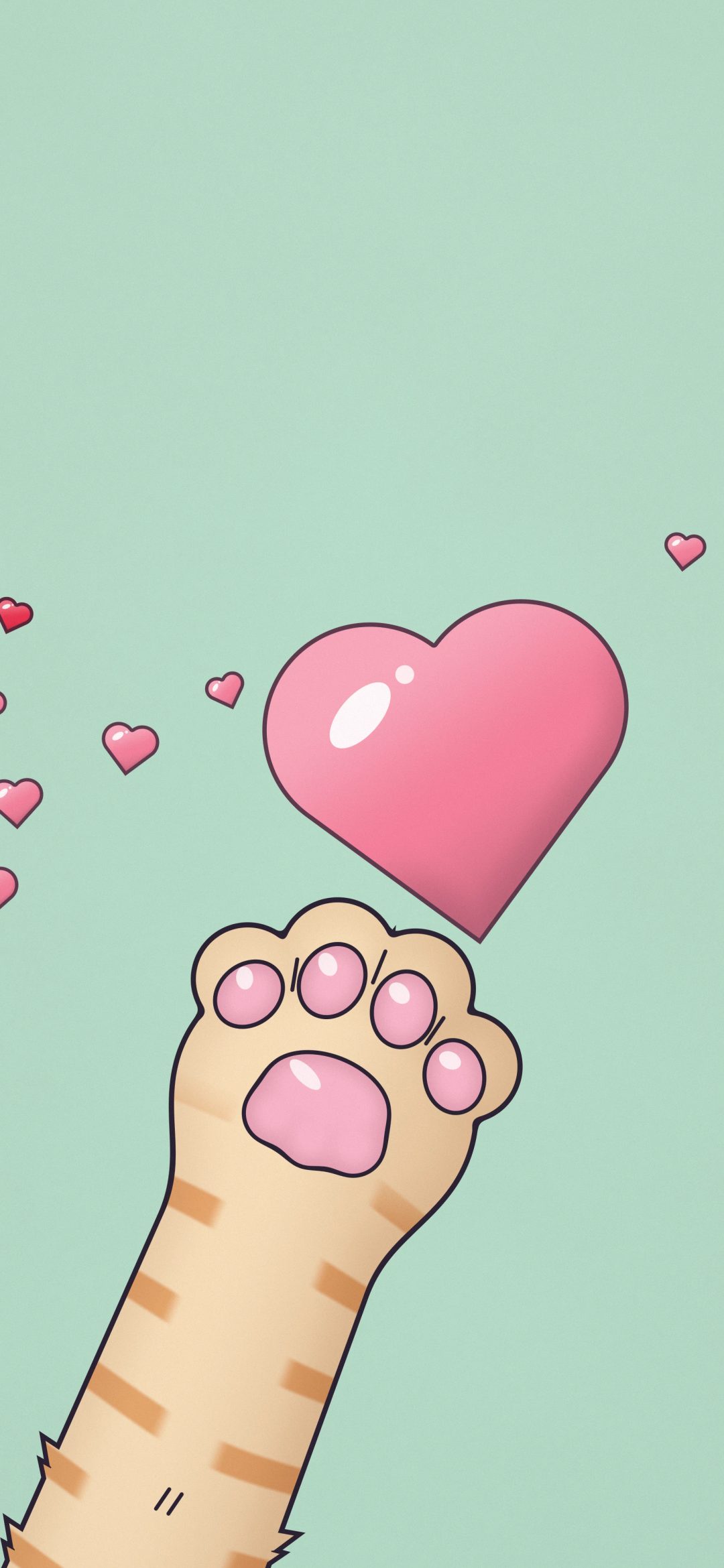Ginger Paw Mint Heart: a striped ginger tabby paw reaches up for a glossy pink heart, with small hearts drifting around it on fresh mint, iPhone wallpaper