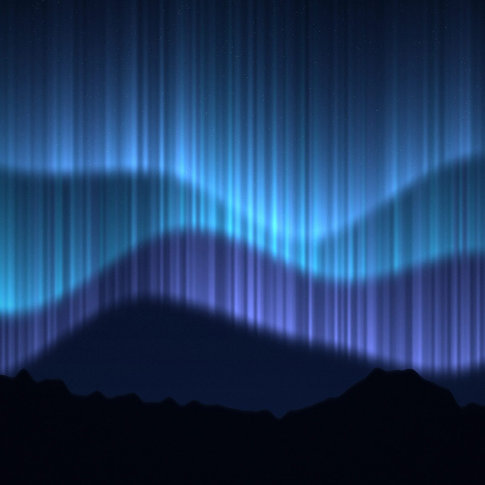 Glacier Aurora: ice blue and periwinkle aurora light shimmers above a dark mountain line on a cold, starry night, iPad wallpaper