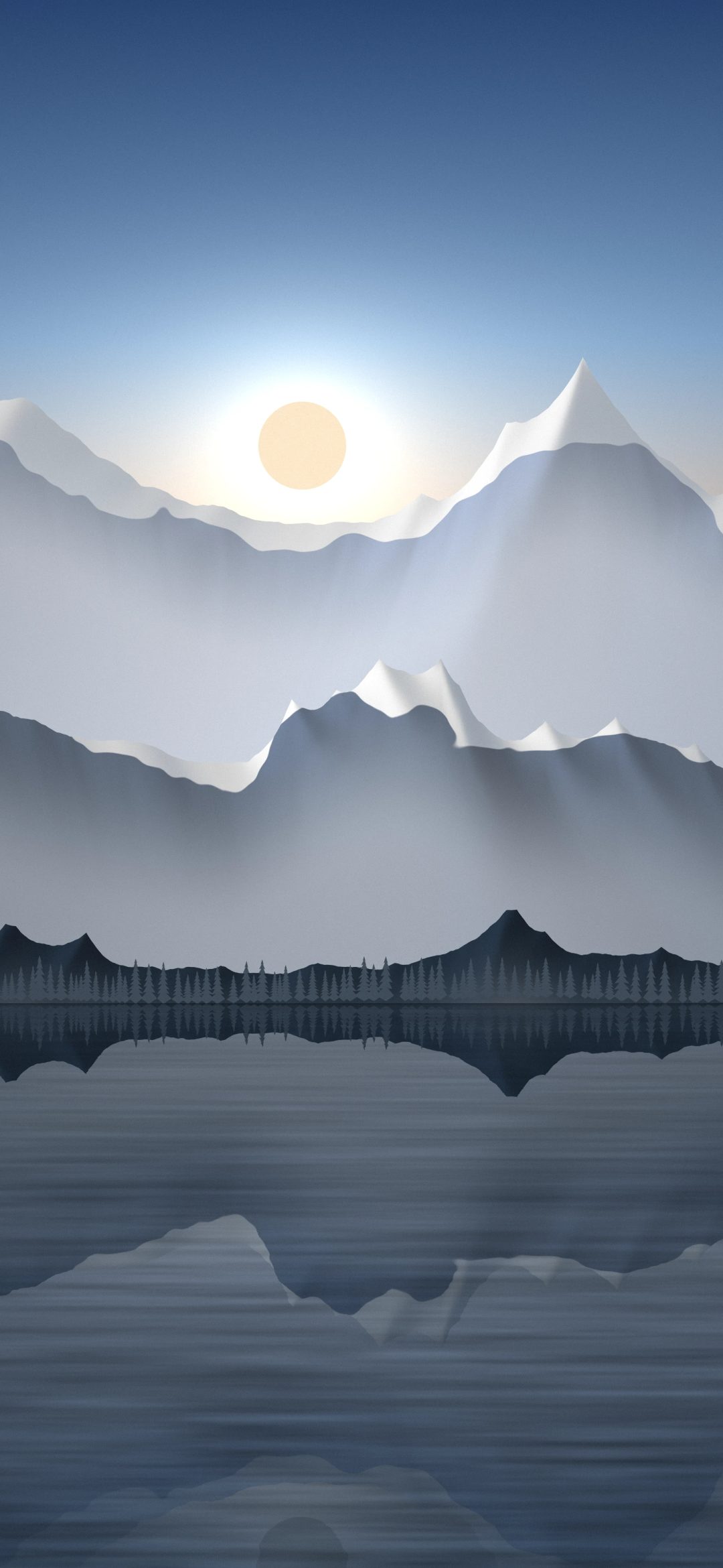 Glacier Lake Mirror: snowy mountains and a dark line of fir trees reflect in a still glacier lake, under a deep blue sky warming to gold at the horizon, iPhone wallpaper