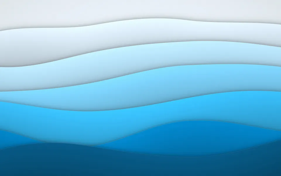 Glacier Paper Waves: ice white flows into sky blue and deep cobalt through smooth paper waves, each layer lit softly along its crest, Mac wallpaper