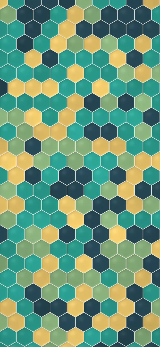 Glazed Hexagon Tiles: glossy hexagon tiles in teal, deep green, sage and honey sit in neat rows with pale grout, each a slightly different shade, iPhone wallpaper