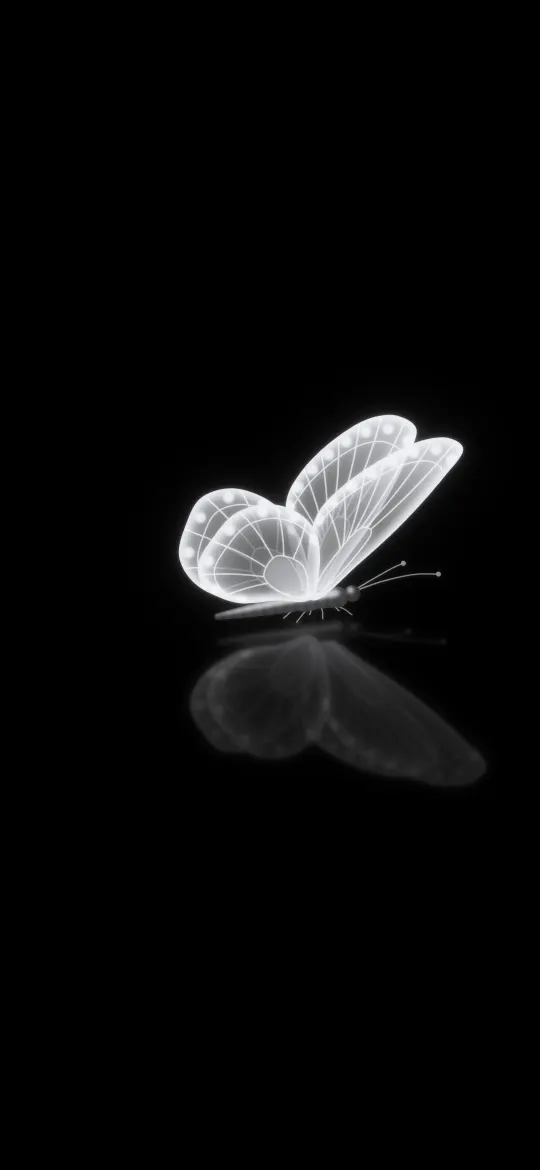 Glowing Butterfly Reflection: a luminous white butterfly with fine vein detail rests on an invisible mirror above its soft reflection on true black, iPhone wallpaper