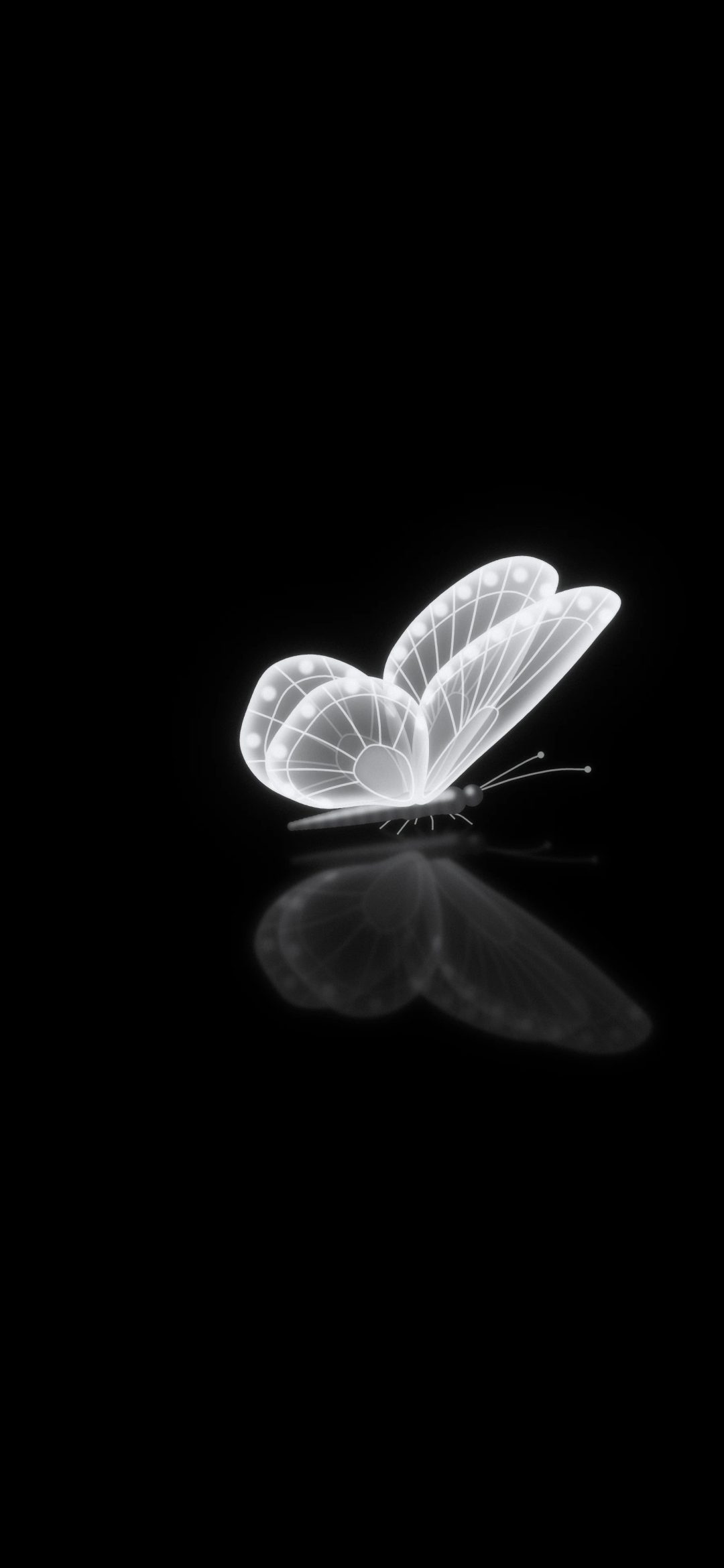 Glowing Butterfly Reflection: a luminous white butterfly with fine vein detail rests on an invisible mirror above its soft reflection on true black, iPhone wallpaper