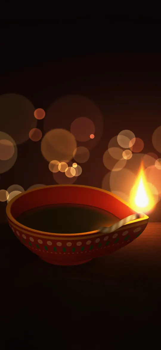 Glowing Painted Diya: one big red painted diya with a bright flame glows on a dark wooden table in front of warm golden bokeh, iPhone wallpaper