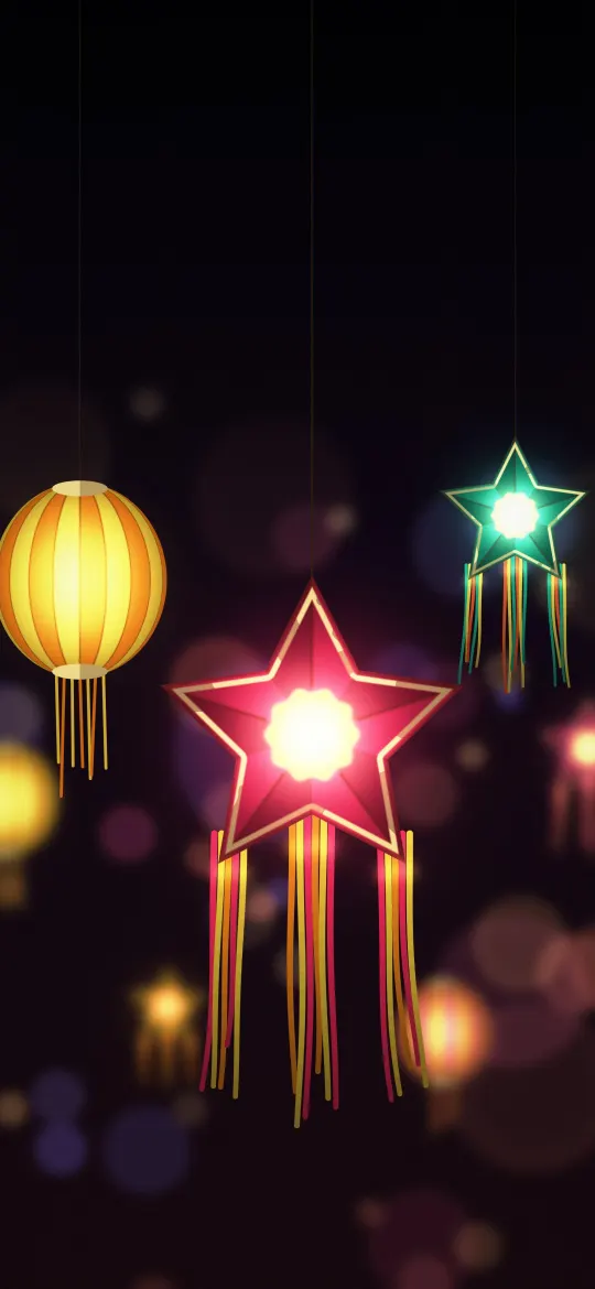 Glowing Star Lanterns: a pink-red star lantern with long paper tails hangs with a striped round lantern and a green star lantern among colourful bokeh, iPhone wallpaper