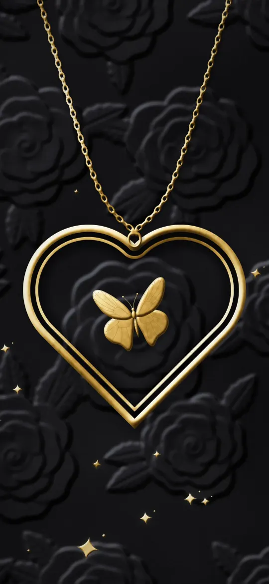 Gold Heart Locket on Black Velvet: a gold heart locket with a little butterfly hangs on a fine chain over black velvet embossed with roses, iPhone wallpaper
