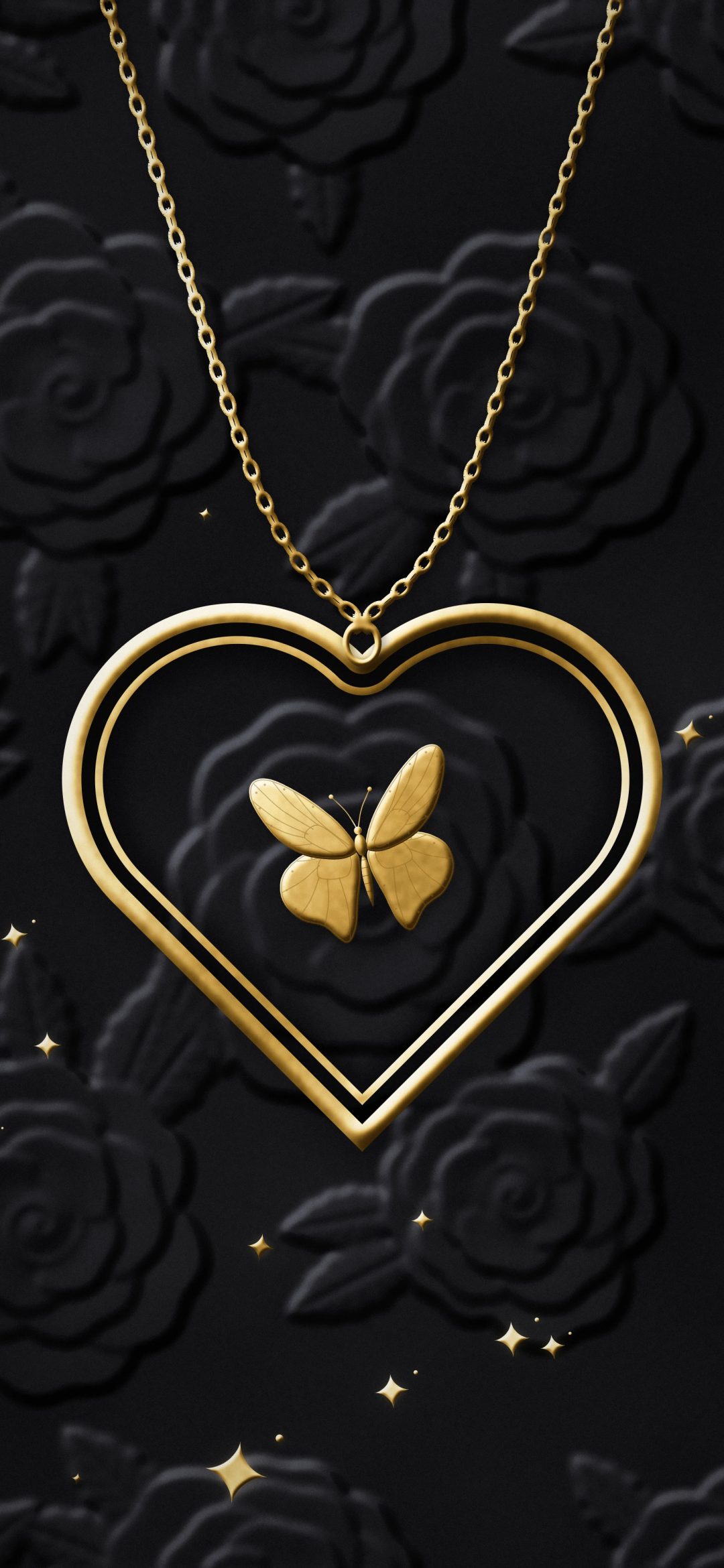 Gold Heart Locket on Black Velvet: a gold heart locket with a little butterfly hangs on a fine chain over black velvet embossed with roses, iPhone wallpaper