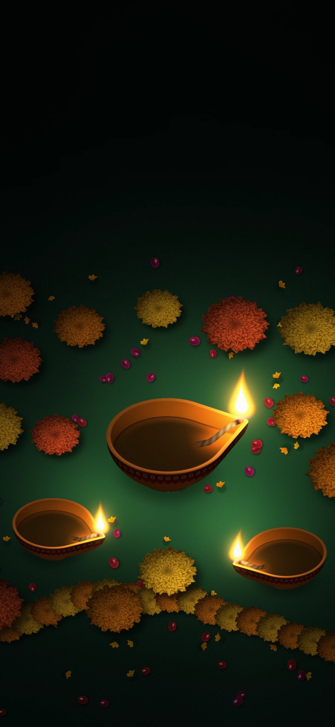 Golden Diyas and Marigolds: three gold-painted diyas glow among orange, yellow and red marigolds and a marigold garland on dark teal cloth, iPhone wallpaper