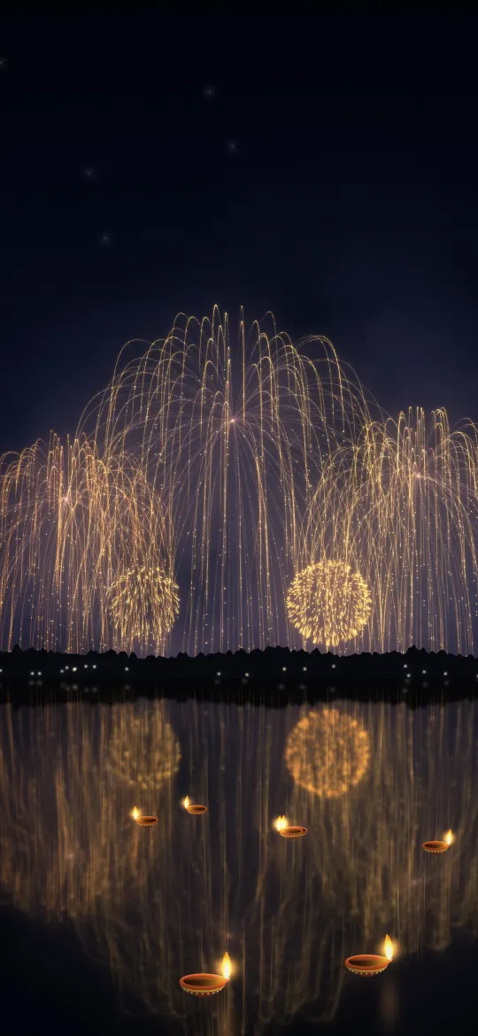Golden Fireworks Over the Lake: huge golden willow fireworks shimmer over a dark shore and reflect in a lake dotted with floating diyas, iPhone wallpaper