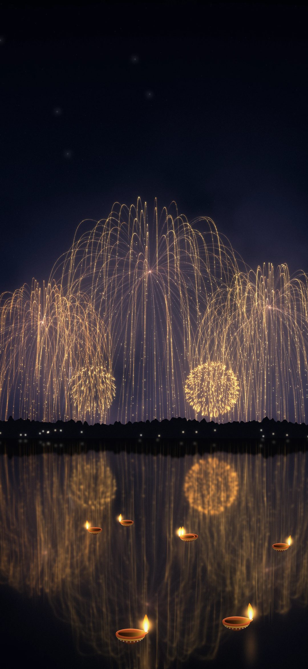 Golden Fireworks Over the Lake: huge golden willow fireworks shimmer over a dark shore and reflect in a lake dotted with floating diyas, iPhone wallpaper