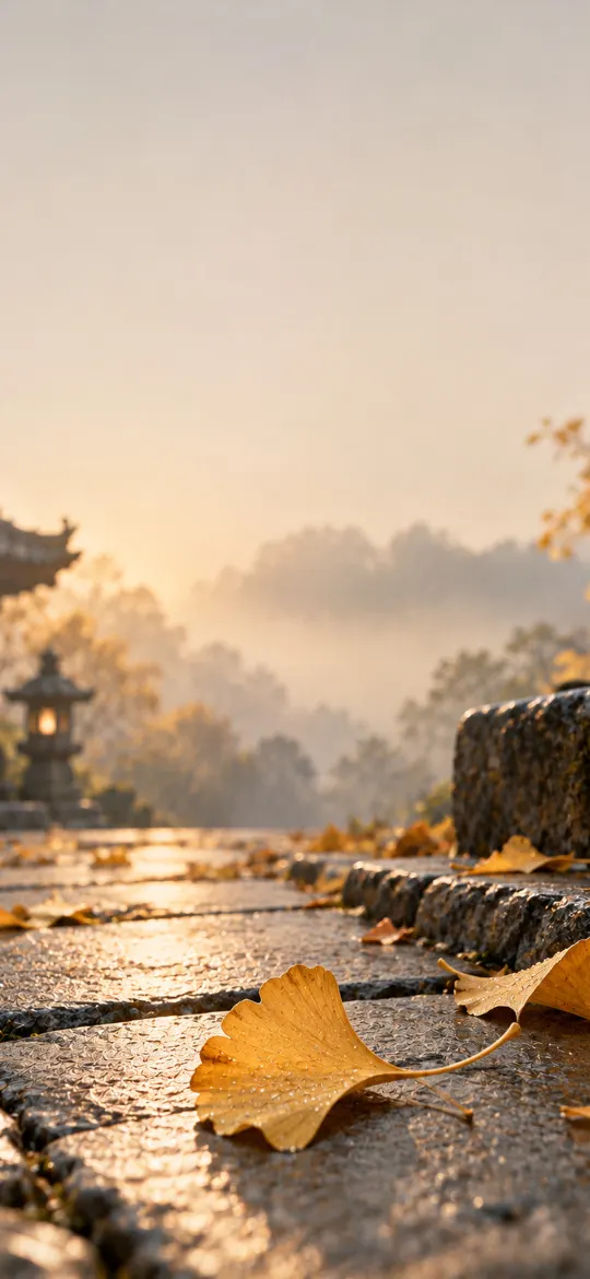Golden ginkgo leaves scattered across a wet grey stone path in a misty autumn garden