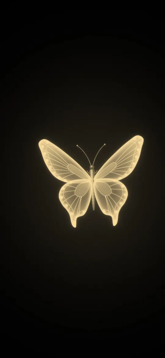 Golden Glow Butterfly: a glowing golden butterfly seen from above spreads its veined wings on a true black background, iPhone wallpaper