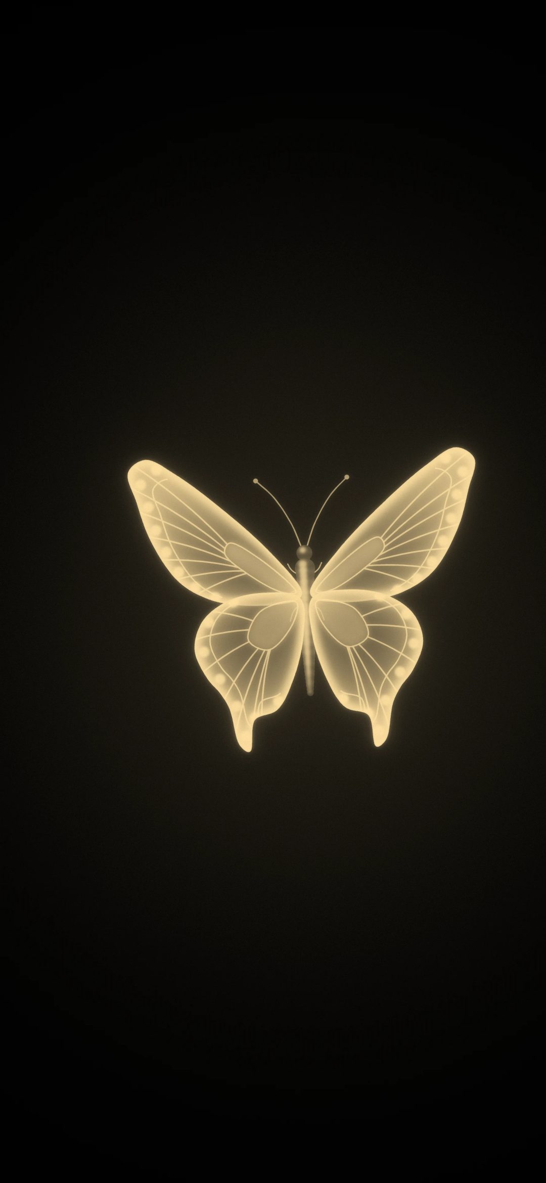 Golden Glow Butterfly: a glowing golden butterfly seen from above spreads its veined wings on a true black background, iPhone wallpaper