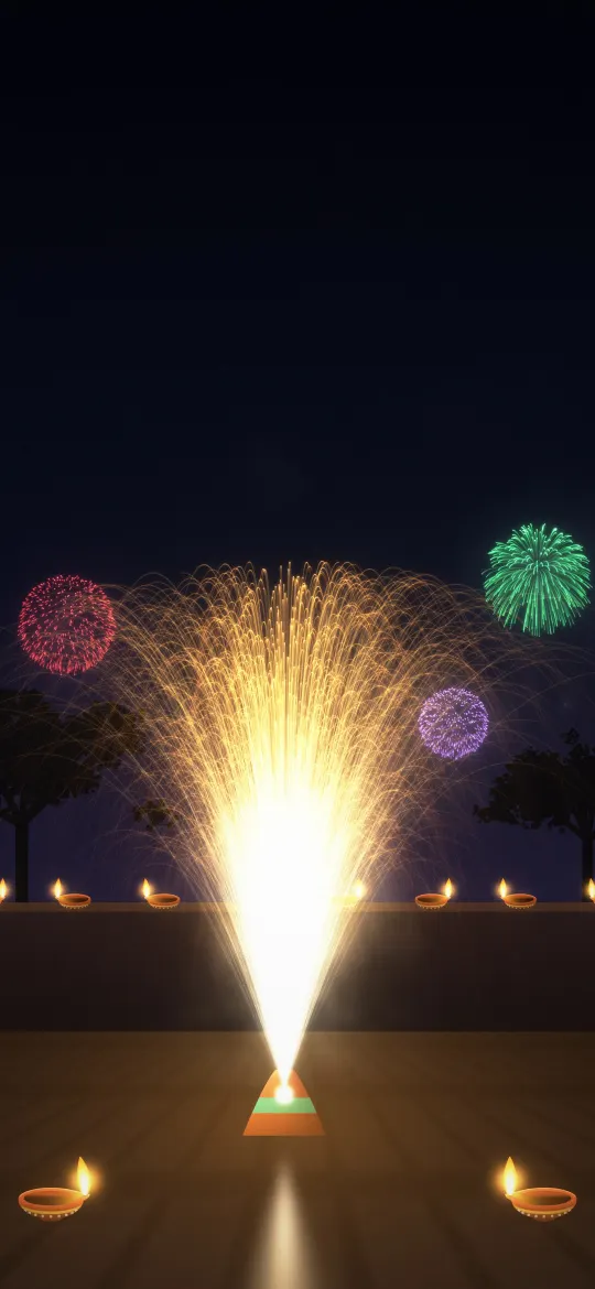 Golden Ground Fountain: a ground fountain firework sprays a tall cone of gold sparks in a stone courtyard lined with diyas, iPhone wallpaper
