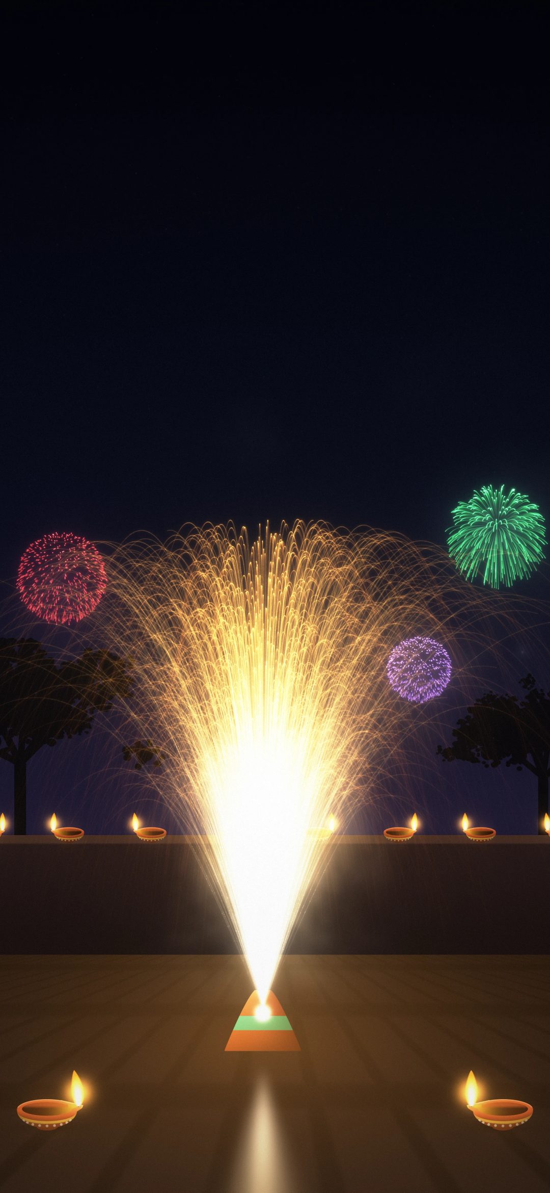 Golden Ground Fountain: a ground fountain firework sprays a tall cone of gold sparks in a stone courtyard lined with diyas, iPhone wallpaper
