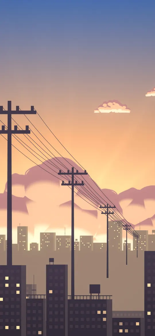Golden Hour Skyline: golden evening light pours across a city skyline, warm rays spreading from a low sun behind peach-lit clouds and power lines, iPhone wallpaper