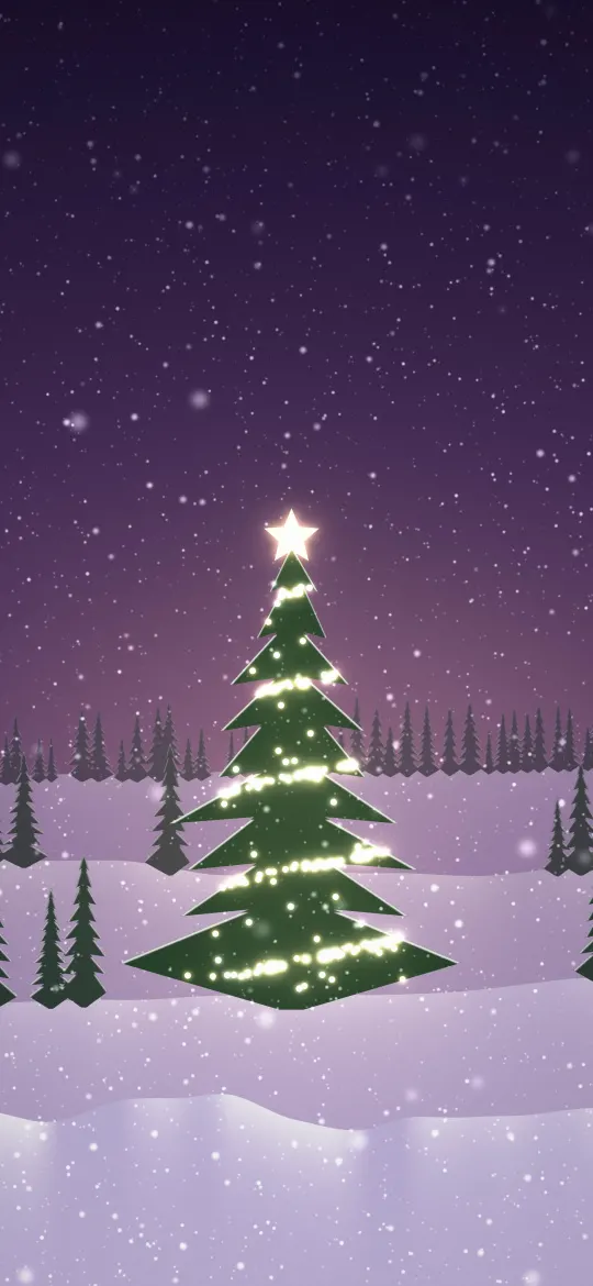 Golden Light Fir: warm white and gold lights spiral around a big snow-dusted fir with a golden star on top, glowing over plum coloured snow hills at night, iPhone wallpaper