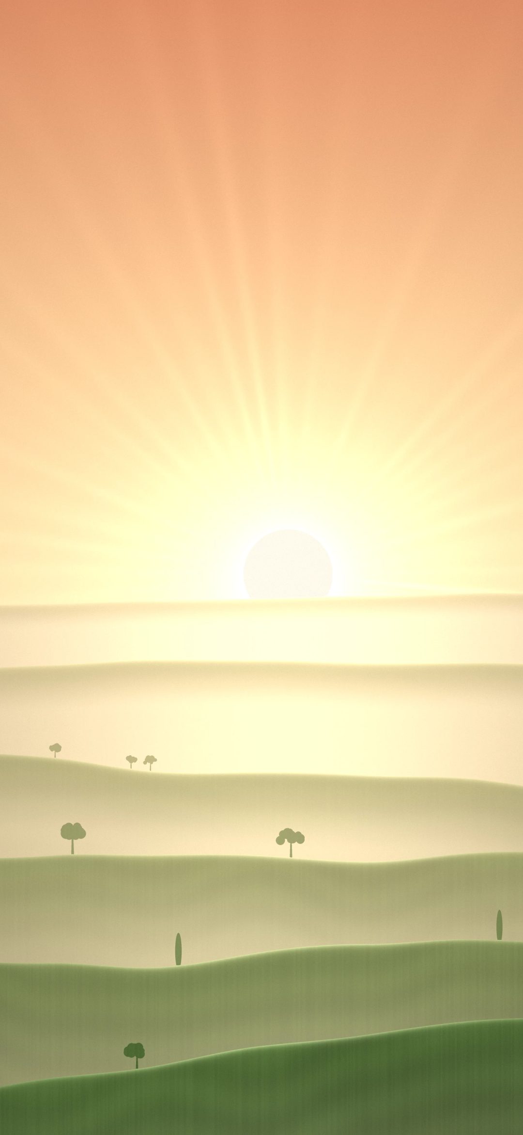 Golden Morning Hills: rolling green hills fade into golden haze as the sun rises behind them, with round trees and slim cypresses dotting the slopes, iPhone wallpaper