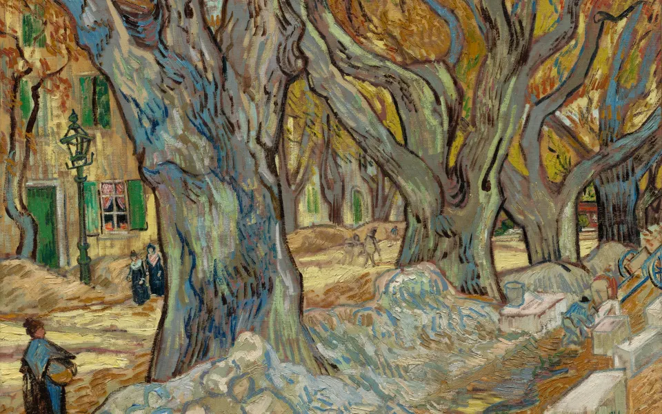 Twisting plane trees with golden leaves along a village street, painted