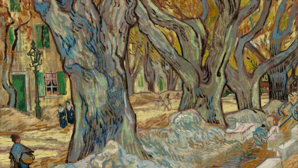 Twisting plane trees with golden leaves along a village street, painted