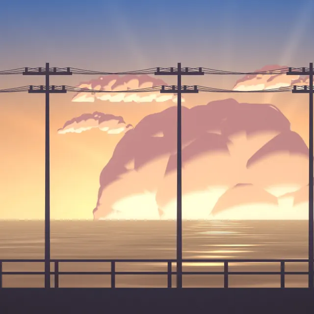 Golden Sea Breeze: late sun turns the sea and clouds gold over a seaside road, power poles and a guard rail silhouetted against the glow, iPad wallpaper