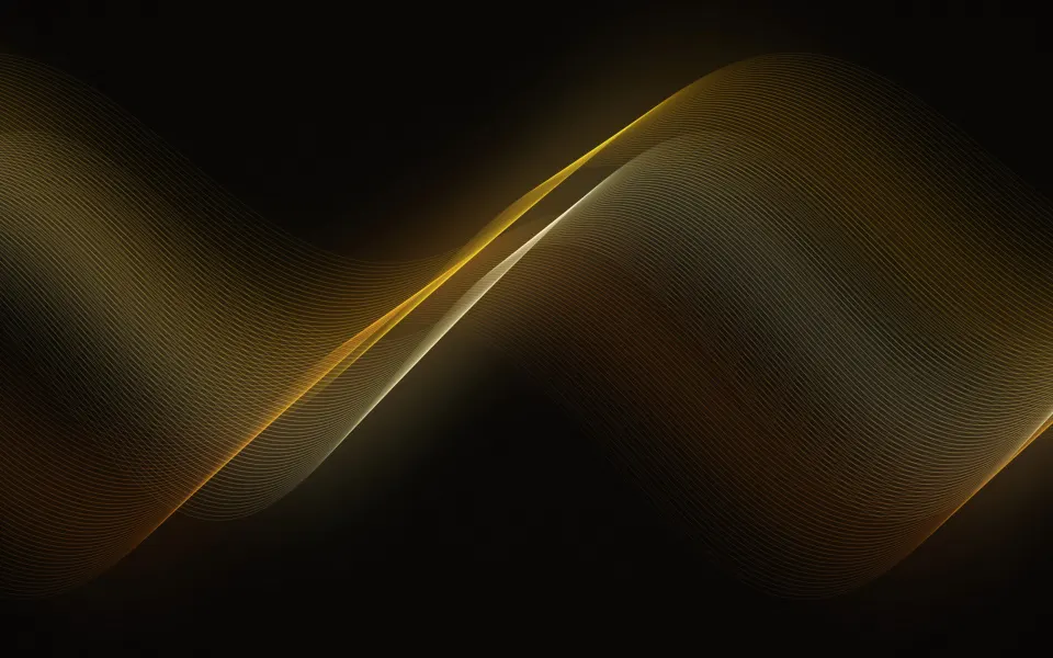 Golden Thread Flow: amber and gold threads flow in long curves across a near-black background, rich and warm without being bright, Mac wallpaper