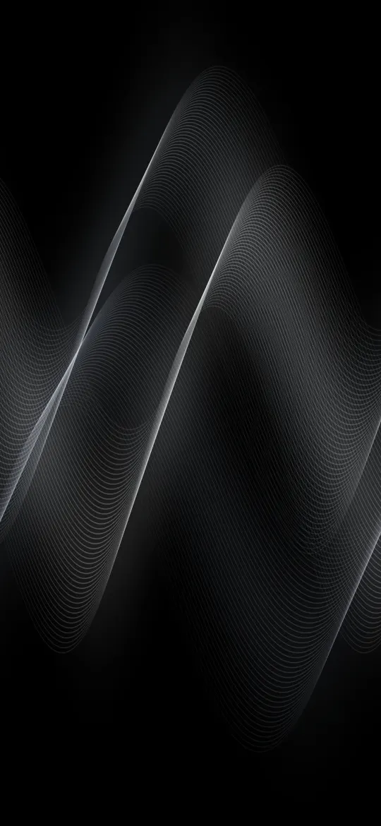 Graphite Silk Flow: fine grey and silver threads sweep across a black background in long, smooth curves, quiet and elegant on an OLED screen, iPhone wallpaper