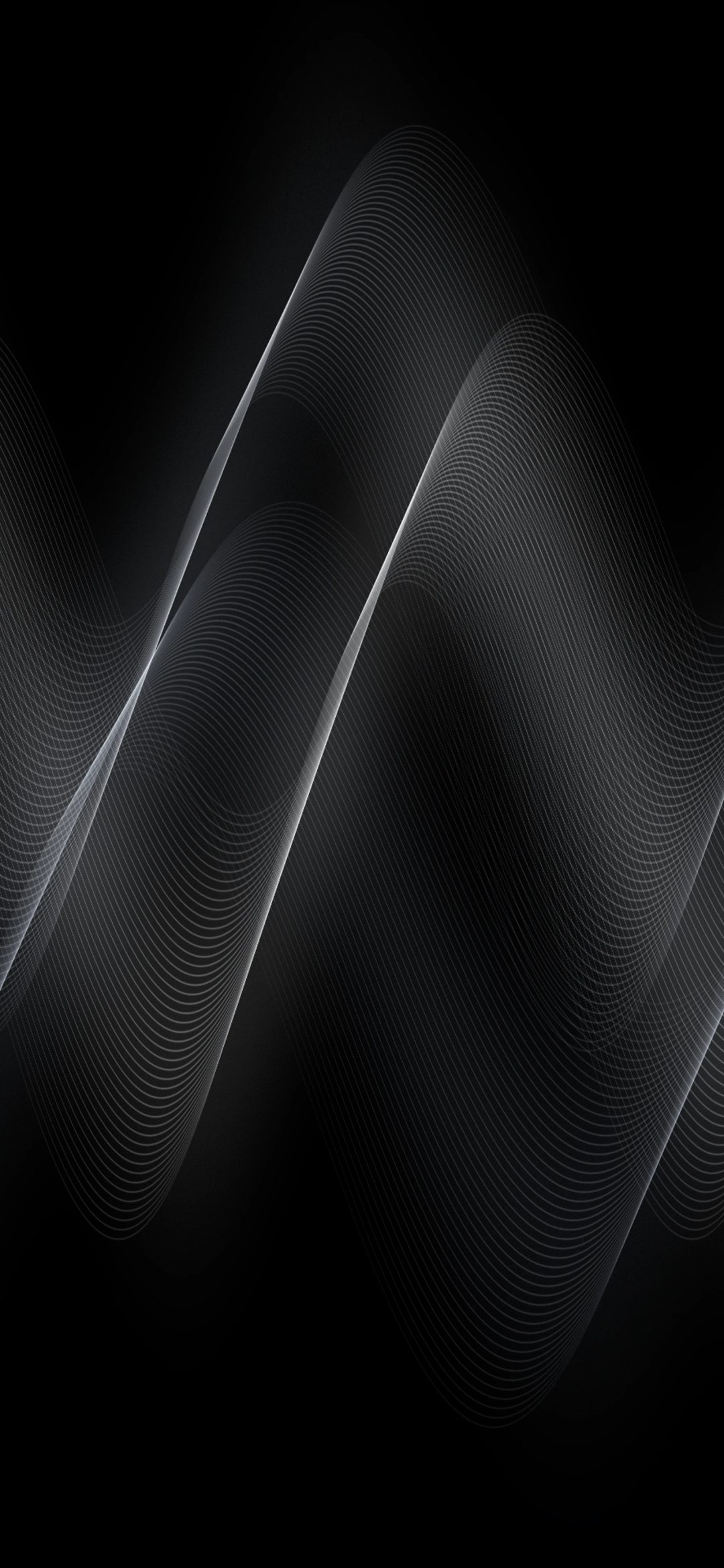 Graphite Silk Flow: fine grey and silver threads sweep across a black background in long, smooth curves, quiet and elegant on an OLED screen, iPhone wallpaper