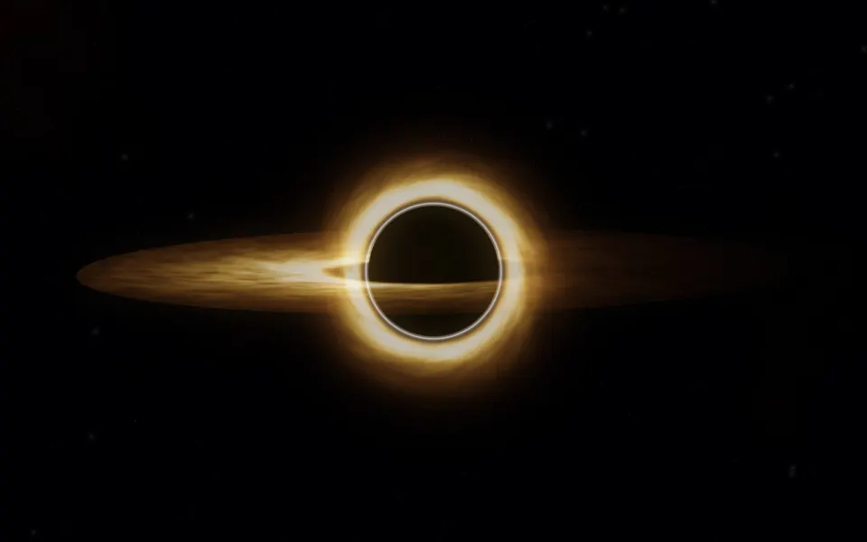 Gravity Lens Disc: a black hole's blazing disc of gold and orange gas wraps around its shadow, bent by gravity into a glowing halo, Mac wallpaper