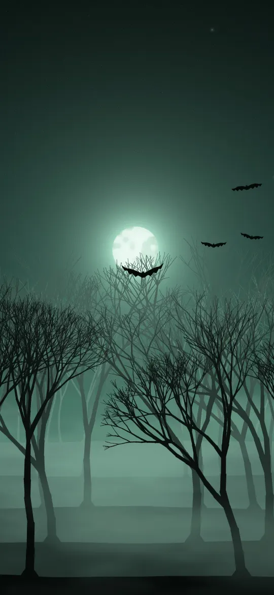 Green Fog Woods: bare black trees stand in layers of eerie green mist below a small pale moon, the far trunks fading softly into the glowing fog, iPhone wallpaper