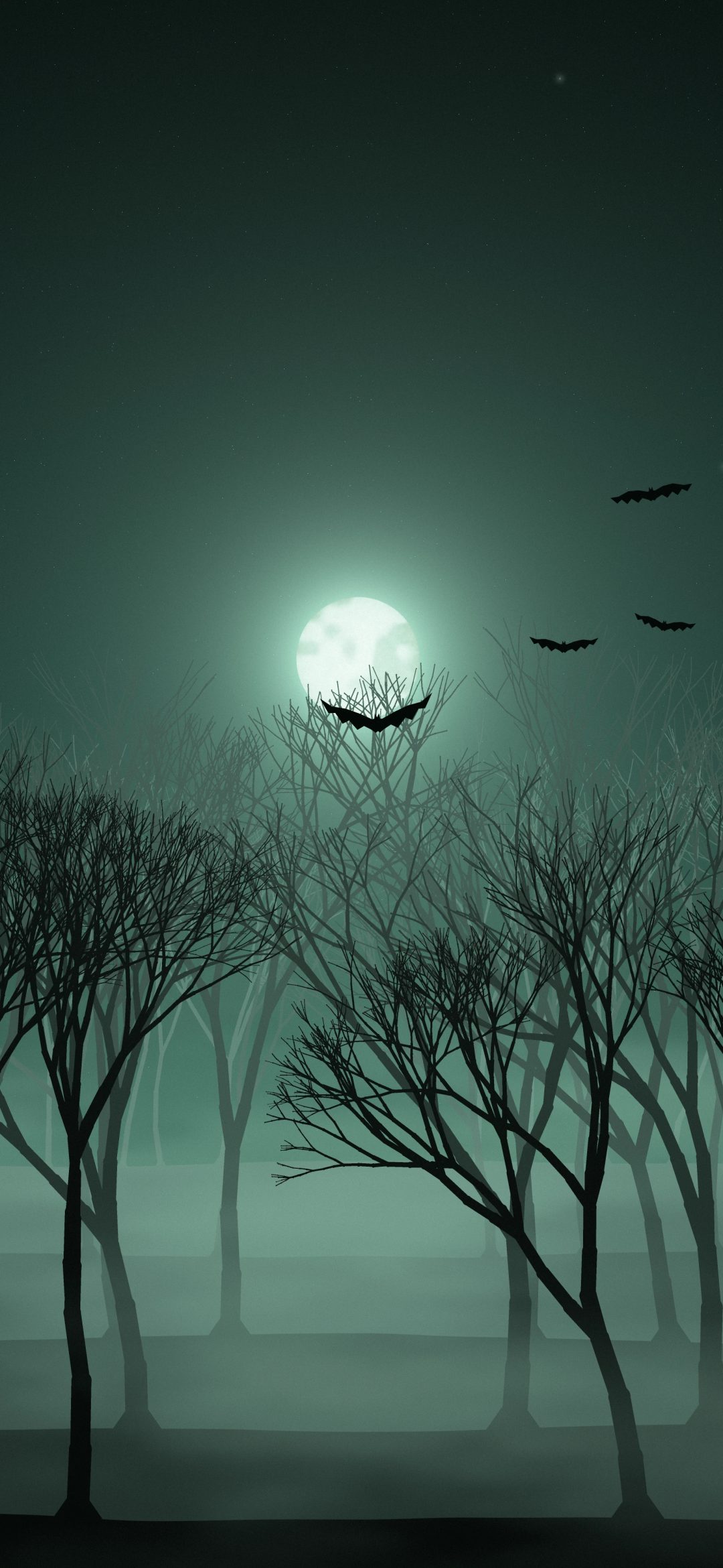 Green Fog Woods: bare black trees stand in layers of eerie green mist below a small pale moon, the far trunks fading softly into the glowing fog, iPhone wallpaper