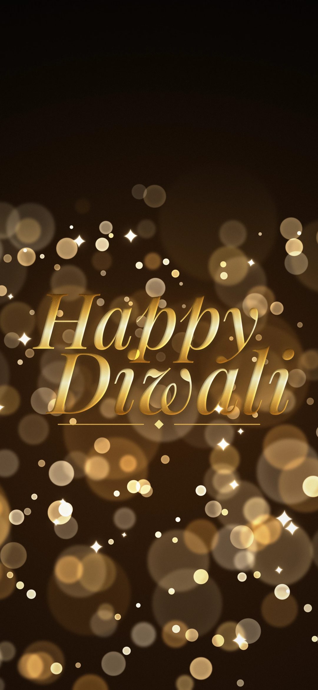 Happy Diwali Golden Bokeh: the words Happy Diwali in gold script glow over golden bokeh and twinkling sparkles on dark brown, iPhone wallpaper