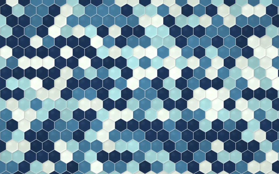 Harbour Hex Tiles: navy, steel blue, aqua and white hexagon tiles cover the screen like a bathroom floor, each with a glossy bevelled edge, Mac wallpaper