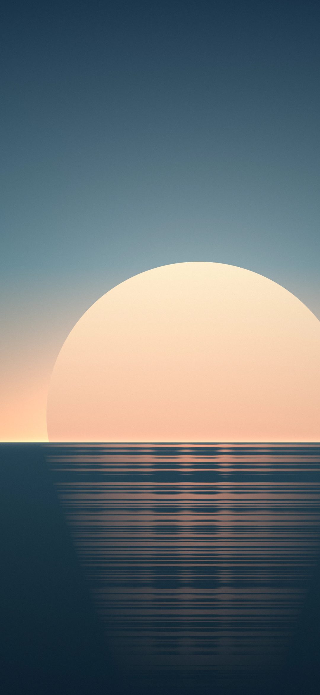 Harbour Peach Sunset: a pale gold and coral sun meets a slate blue sea at dusk, its light broken into gentle streaks across the water, iPhone wallpaper