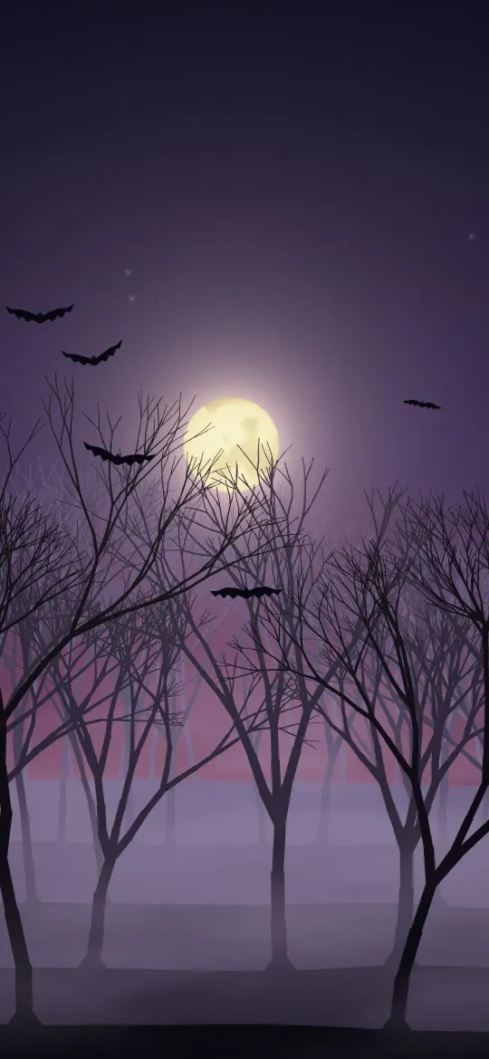 Haunted Mist Forest: rows of bare twisted trees fade into lavender fog under a hazy moon, with a few bats flying high over the quiet haunted woods, iPhone wallpaper