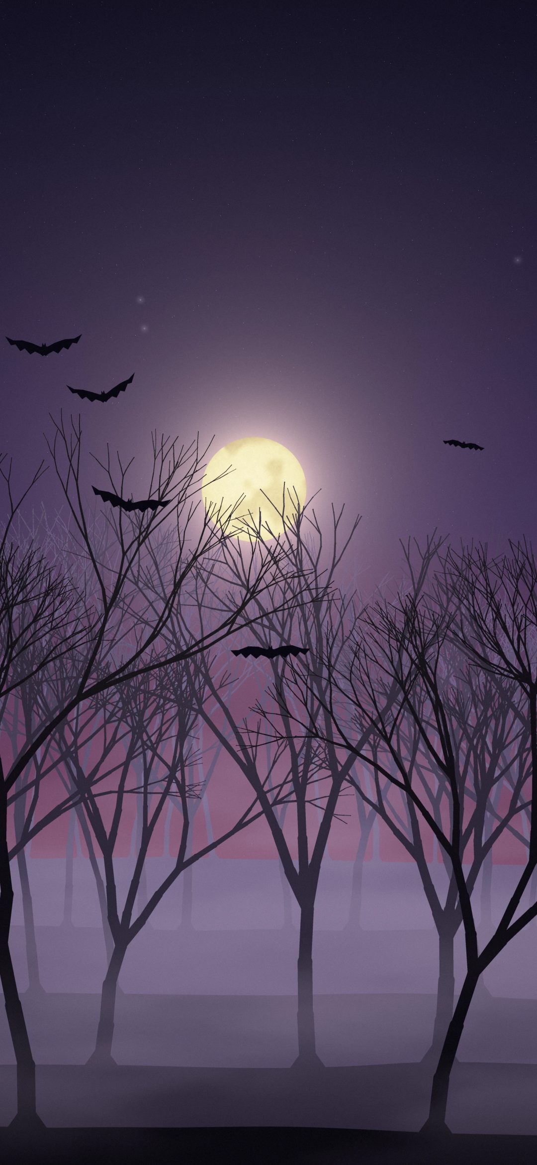Haunted Mist Forest: rows of bare twisted trees fade into lavender fog under a hazy moon, with a few bats flying high over the quiet haunted woods, iPhone wallpaper