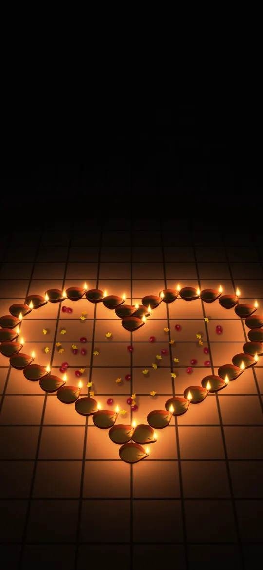Heart of Diyas: dozens of tiny clay diyas form a glowing heart on a dark courtyard, with red and orange petals inside, iPhone wallpaper
