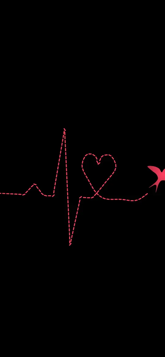 Heartbeat Swallow: a red swallow flies along a heartbeat line that forms a small heart in the middle of a black screen, iPhone wallpaper