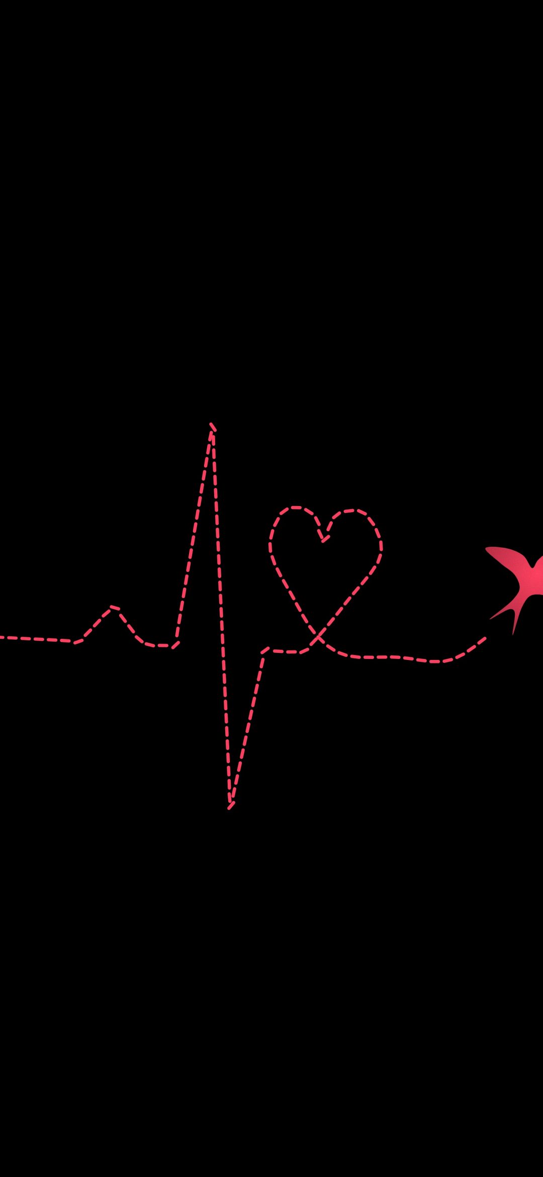Heartbeat Swallow: a red swallow flies along a heartbeat line that forms a small heart in the middle of a black screen, iPhone wallpaper