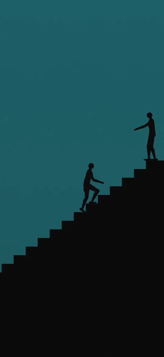 Helping Hand on the Stairs: one figure at the top of a staircase reaches down to help another climb, on deep teal, iPhone wallpaper