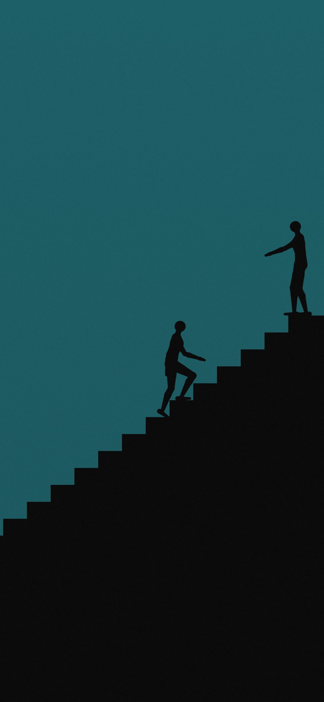 Helping Hand on the Stairs: one figure at the top of a staircase reaches down to help another climb, on deep teal, iPhone wallpaper