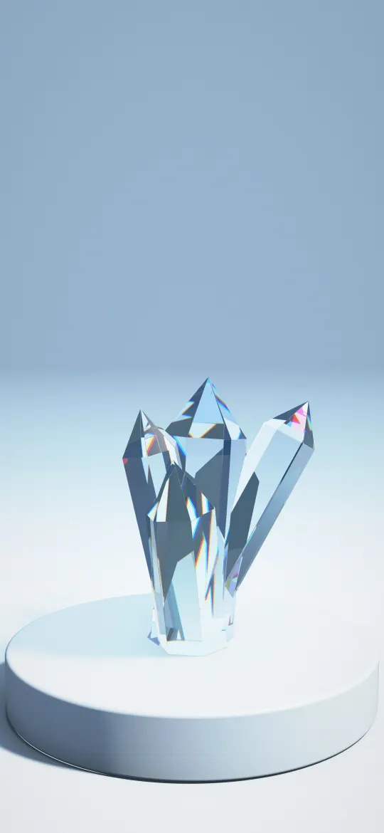 Ice Blue Quartz: clear ice blue quartz points rise from a round plinth on a cool blue backdrop, their glass facets bending the light, iPhone wallpaper