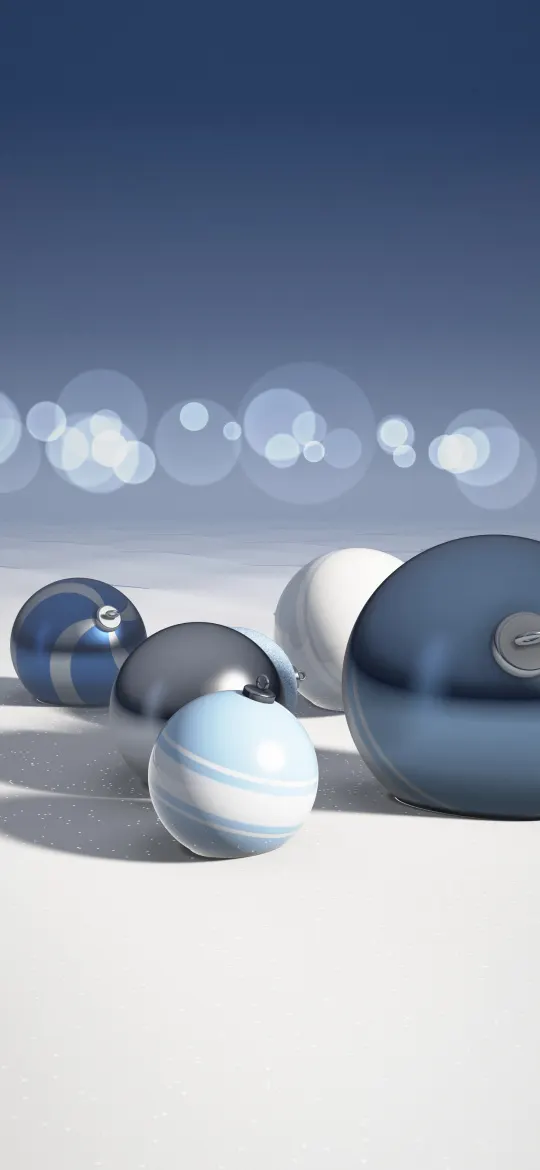 Icy Blue Snow Ornaments: pale blue, silver and white ornaments with silver caps lie scattered in sparkling snow, lit from the right under a cool blue winter sky, iPhone wallpaper