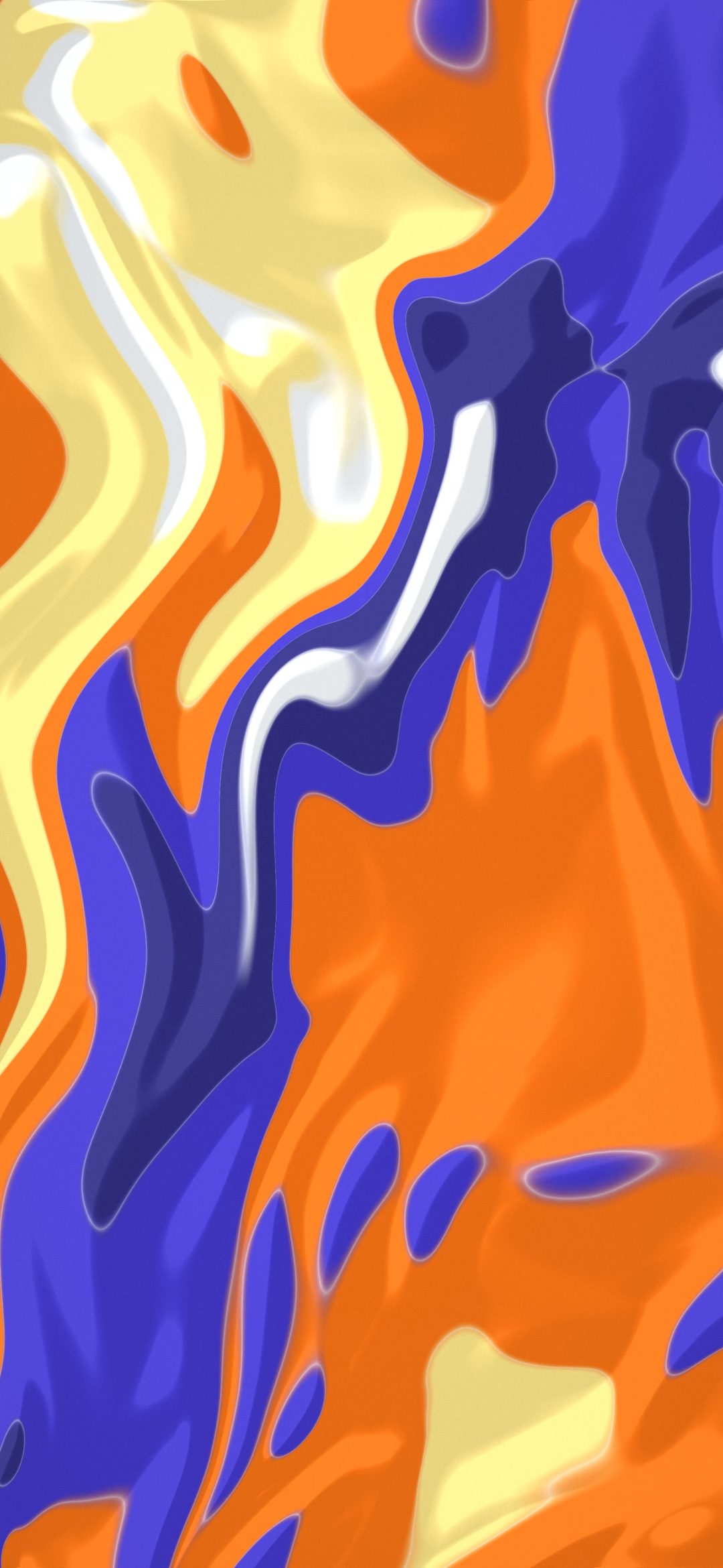 Indigo Ember Pour: deep indigo paint folds around streams of orange and gold, glossy swirls with thin pale lacing between the colours, iPhone wallpaper