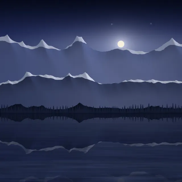 Indigo Night Lake: a still lake mirrors starlit indigo mountains and a small rising moon, the fir-lined shore a dark band across the water, iPad wallpaper